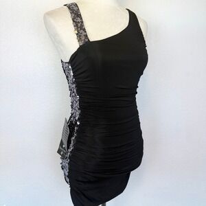NWT Y2K Bebe Lola Bodycon Sequin Sided Dress Womens Black Ruched Lined Mini XS